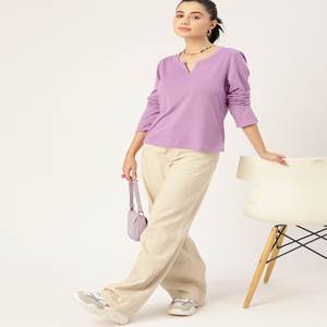 Camiseta de cuello redondo liso morado, ropa informal de verano, camiseta de mujer de manga regular de longitud completa - Product Image 3