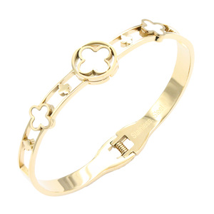 Gold Plated Stainless Steel Black <b>Clover</b> Tennis <b>Bracelet</b> Fashion Bangle - Product Image 1