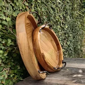 Bandeja de servicio de madera de diseño antiguo, bandeja de madera de la mejor calidad con mango de hierro recubierto de polvo negro, venta al por mayor - Product Image 6