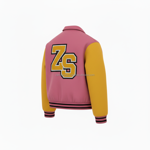 Veste universitaire en mélange de laine avec manches en cuir PU souple, veste universitaire en chenille à logo personnalisé jaune rose pour hommes - Product Image 4