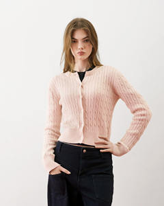 Cárdigan de Punto Trenzado con Cuello Redondo, Transpirable, Antiarrugas, Informal para Mujer, Abrigo de Invierno de Manga Larga, 100% Algodón, Corte Regular - Product Image 1