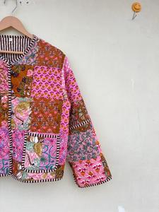 Chaqueta Unisex acolchada de estilo bohemio hecha a mano con patrón Floral algodón indio transpirable Jersey botón Casual abrigo de invierno para mujer - Product Image 4