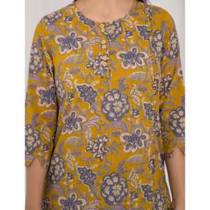 Ensemble coordonné imprimé fleurs moutarde sur coton, tenue deux pièces pour tous les jours, XS/XS, haut à manches trois-quarts avec boutons, tissu en coton - Product Image 2