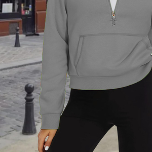 Sudadera de mujer con cremallera de un cuarto, estilo casual urbano, hombros caídos, transpirable, ecológica, de punto grueso - Product Image 6