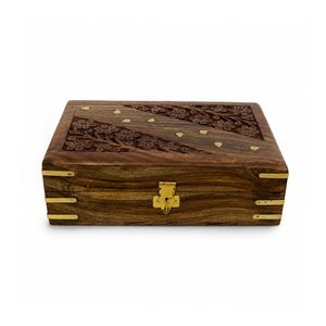KHATI HOUSE Heritage Bloom Wooden Jewelry Chest Handcrafted Floral Carved <b>Storage</b> <b>Box</b> with Antique Brass Clasp - Product Image 6