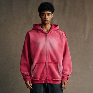 Sudadera con capucha y cremallera para hombre, de invierno, con lavado ácido y efecto desgastado, holgada, oversize, estilo streetwear y hip hop, ecológica, de alta calidad, al por mayor - Product Image 4