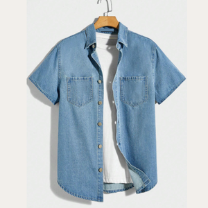 เสื้อแจ็กเก็ตกางเกงยีนส์ผ้าปะผ้าฝ้ายสีฟ้าสำหรับผู้ชายเสื้อผ้าล้างกระเป๋าแขนสั้นสำหรับเด็กผู้ชาย - Product Image 1