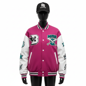 Veste universitaire pour femmes, mélange de laine de qualité supérieure, corps magenta, manches blanches, panneaux en tricot côtelé, broderie de logo personnalisé, vestes universitaires pour femmes - Product Image 6