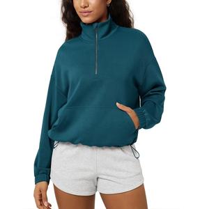 Women's Slate Blue Quarter Zip Mock Neck Oversized Sweatshirt <b>Drop</b> Shoulder Long Sleeve Casual Fleece Pullover Loose Fit Soft - Product Image 2