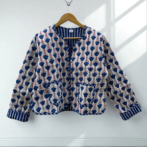 Chaqueta corta floral de algodón acolchado azul Chaqueta corta acolchada de algodón con estampado floral Abrigo corto de gamuza de verano recortado de algodón para mujer - Product Image 1