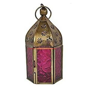 Moroccan Style Decorative <b>Hanging</b> <b>Lantern</b> With Pink Embossed Glass Panels & Aged Brass Finish Metal Tealight Candle Holder - Product Image 1