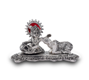 Nueva llegada de metal de aluminio plateado Señor Krishna con imagen de vaca pequeño Krishna sentado con vaca para decoración del hogar India - Product Image 1