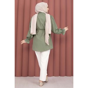Khaki Lace-up Shirt <b>Fringe</b> Detail Poplin Cotton Khaki Women's <b>Tops</b> Ruffled Collar Button Casual Loose XS XL for Summer - Product Image 6