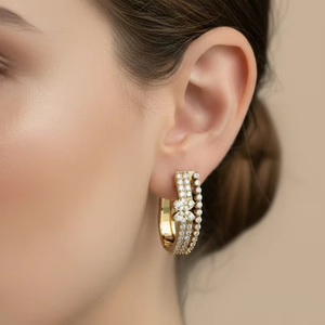 ต่างหูรูปดอกไม้รูปตัวยูสองแถวทอง 14K และเพชรธรรมชาติสำหรับผู้หญิง - Product Image 5