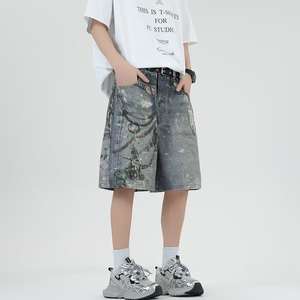 "men's <b>shorts</b> <b>High</b> Street Vintage Washed Denim <b>Shorts</b> Breathable Mid <b>Waist</b> Casual Straight <b>Jeans</b> Button" - Product Image 2