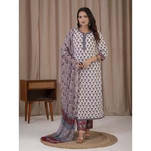 Ethnic White Grey Hand Drawn <b>Block</b> <b>Printed</b> Cotton Kurta Pant Set Latest Design Anarkali Salwar Suit for Party Wear Made Net - Product Image 4