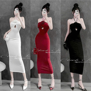 Prêt à Expédier Robe Midi Moulante à Ourlet Évasé en Spandex de Refroidissement pour les Robes de Soirée de Fête - Product Image 1