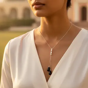 Collar con Colgante de Ónice en Forma de Gota de Agua en Plata 925 para Mujer, Chapado en Oro con Cadena de Eslabones Figaro para Bodas, Fiestas y Aniversarios - Product Image 2