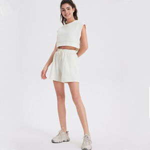ที่กําหนดเองขายส่งผู้หญิงathleisureฤดูร้อนชุดพืชเสื้อสเวตเตอร์และกางเกงขาสั้นเหงื่อผู้หญิงสองชิ้นวาฟเฟิลชุดลําลอง - Product Image 5