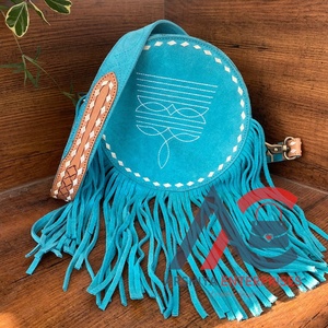 Cuero de gamuza estilo occidental bota Stich nuevo diseñador redondo flecos bolso de mano gran oferta Color turquesa bohemio bolso de mujer - Product Image 1