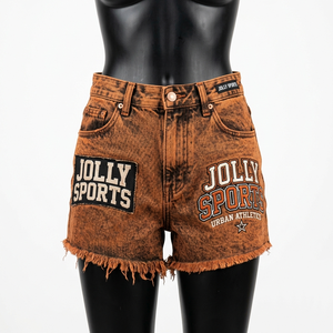 Shorts de mezclilla para hombre y mujer, color naranja quemado, lavado ácido, 380 GSM, algodón pesado, dobladillo sin rematar, logotipo personalizado serigrafiado - Product Image 6