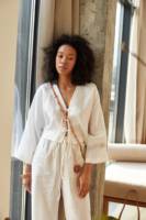 Ensemble coordonné 100 % coton pour usage quotidien et voyage, tenue décontractée élégante, chemise à petit col et pantalon large, boutons naturels, ensemble lavable