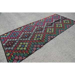 Alfombra Vintage, Alfombra Turca Grande de 4.5x11 pies, Alfombra de Lana a Cuadros Azul y Roja - Product Image 2
