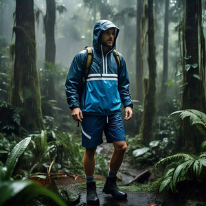 Conjunto de dos piezas de alta calidad, chaqueta cortavientos con capucha y cremallera, pantalones cortos impermeables estampados para montaña, senderismo, equipo de lluvia de invierno - Product Image 4