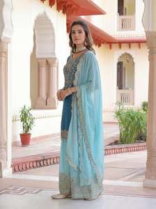 Vêtement ethnique indien en soie chinon, tenue de mariage salwar kameez avec broderie, cordon, séquence et ensemble de dupatta lourd - Product Image 4