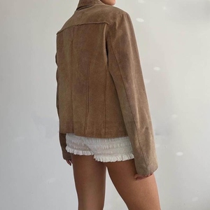 Venta caliente artículo Vintage marrón piel de oveja chaqueta Mujer a prueba de viento Blazer hecho a mano Retro 90s Otoño/Invierno/primavera prendas de vestir exteriores - Product Image 4