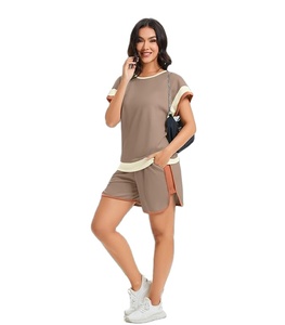 Conjunto de 2 piezas de bloque de color para mujer, jersey de manga corta, Tops, pantalones cortos, conjunto de chándal de salón - Product Image 6