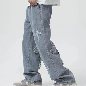 Venta al por mayor Patchwork Hip Hop Boyfriend Jeans Bordados Sueltos Pierna Ancha Pantalones de mezclilla Hombres High Street Jeans - Product Image 1