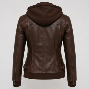 Blouson Bomber de Luxe pour Femme en Cuir Espresso avec Capuche en Polaire, Coupe Sculptée, Fermeture Éclair Intégrale, Poignets et Ourlet Côtelés, Poches Latérales, Style Streetwear - Product Image 6