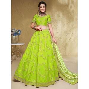 Pretty Neon Bordado Seda Recepción Wear Lehenga Choli-XS Tamaño - Product Image 4