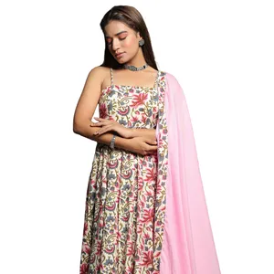 ดอกไม้งาช้างชุด Anarkali เด็กสีชมพู Dupatta ชุดบาน Kurta กับกางเกง kurta ชุดผู้หญิงและสาวสองชิ้นชุดสูทกางเกงชุด