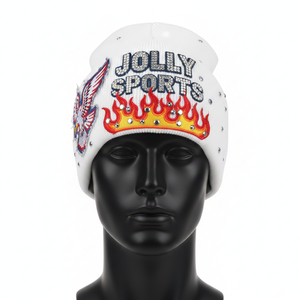 Gorro de Punto Premium de 300 GSM para Hombre, Tejido Suave Blanco, Bordado de Fuego y Logotipo Personalizado con Pedrería, Gorro Jacquard de Moda - Product Image 1