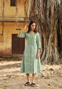 <b>Japanese</b> Lotus Wrap Dress Hand Block <b>Printed</b> Bohemian Green Blue Floral Pure Cotton Casual Occasional Adjustable Waist - Product Image 5