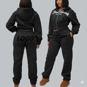 ชุดวอร์มพัฟฟ์ผ้าฝ้ายวินเทจมีความสุขสำหรับผู้หญิงชุดวอร์มผ้าคอตตอนแบบมีฮู้ดสำหรับวิ่งและกางเกงขายาวแบบสองชิ้นออกแบบได้ตามต้องการ - Product Image 4