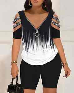 Conjuntos cortos cremalleras estampado cuello en V pulóver Tops mujer chándal dos piezas vaina lápiz pantalones cintura alta Slim Fit 2025 verano - Product Image 2