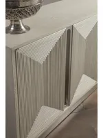 Console multimédia longue - Meuble TV moderne extra-large au style glamour avec transition tonale fluide et détails miroir