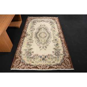 Classic <b>Brown</b> Beige 3.8 X 6.5ft <b>Wool</b> Rug Turkish Patchwork Design for Entryway Living Room or Bedroom Latex Backing - Product Image 1