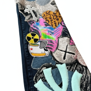 Jean évasé patchwork graffiti personnalisé Y2K Streetwear pour femme, pantalon en denim brodé, nouvelle collection, multi-logo, coupe cloche - Product Image 6