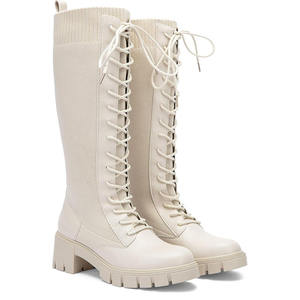 SMART SHINE ENTERPRISES High Quality Cream Knee High Lace Boots Chunky <b>Heel</b> Leather Customized Colors <b>Sizes</b> Model SSE-6934 Shoes - Product Image 1