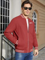 Chaqueta Bomber Larga Roja Personalizada para Hombre, Cuello Alto, Cierre de Cremallera, Resistente al Viento, Ropa Casual para Exteriores, Material de Lona y Poliéster, Color Sólido