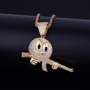 Visage rond de dessin animé avec pendentif en or certifié Hip Hop Ak 47 Design 24 "corde/chaîne de tennis bijoux en diamant cadeau pour votre ami - Product Image 1