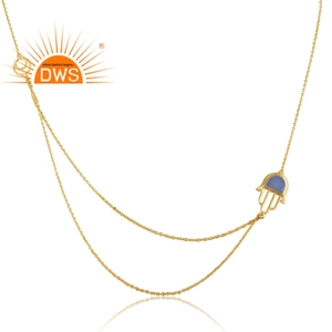 Mejor calidad plata esterlina 18K chapado en oro azul Calcedonia piedra preciosa Hamsa doble cadena colgante collar joyería fabricante - Product Image 3