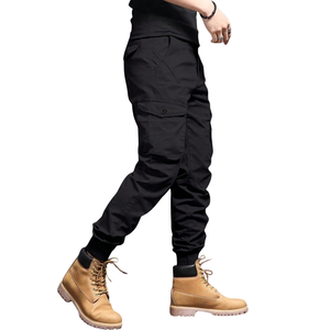 Mens Black Cargo Jogger Pants Mid Elastic Drawstring Multi Pocket Casual Outdoor Cotton Canvas Trousers Regular Fit Bottoms - Product Image 3