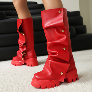 Botas de plataforma plegables para mujer, tacón grueso, punta redonda, estilo western, sin cordones, a media pantorrilla, ligeras, que aumentan la altura, color liso. - Product Image 2