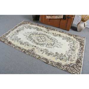 3.7x6.8 ft Rug, Turkish Vintage Rug, <b>Brown</b> White Abstract <b>Wool</b> Rug - Product Image 4