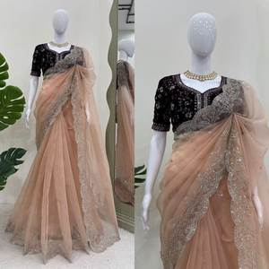 Saree de créateur en soie organza lourde avec fil et paillettes Travail 9000 Chemisier en velours | Vêtements de mariage indiens de luxe - Product Image 1
